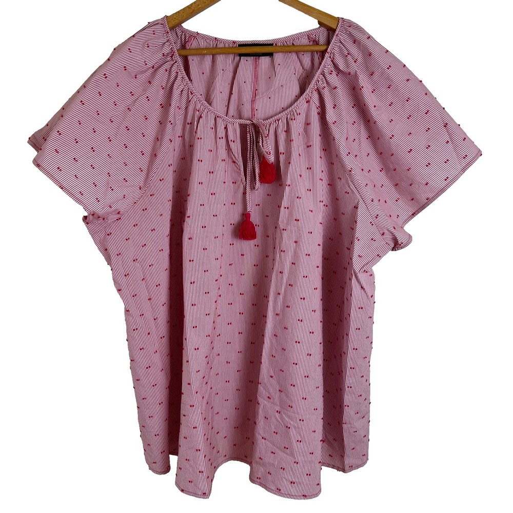 Lane Bryant Boho Top Plus Sz 30/32 Tasseled Flowy Sleeve Embroidery Ruched Neck